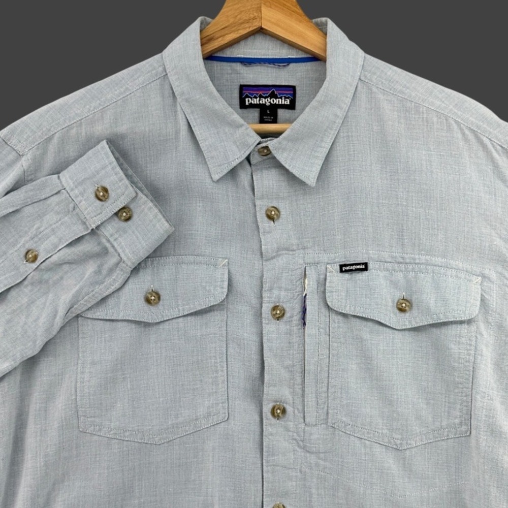 Patagonia Light Blue Hemp Blend Stealth Stream Long Sleeve Button Shirt Mens L